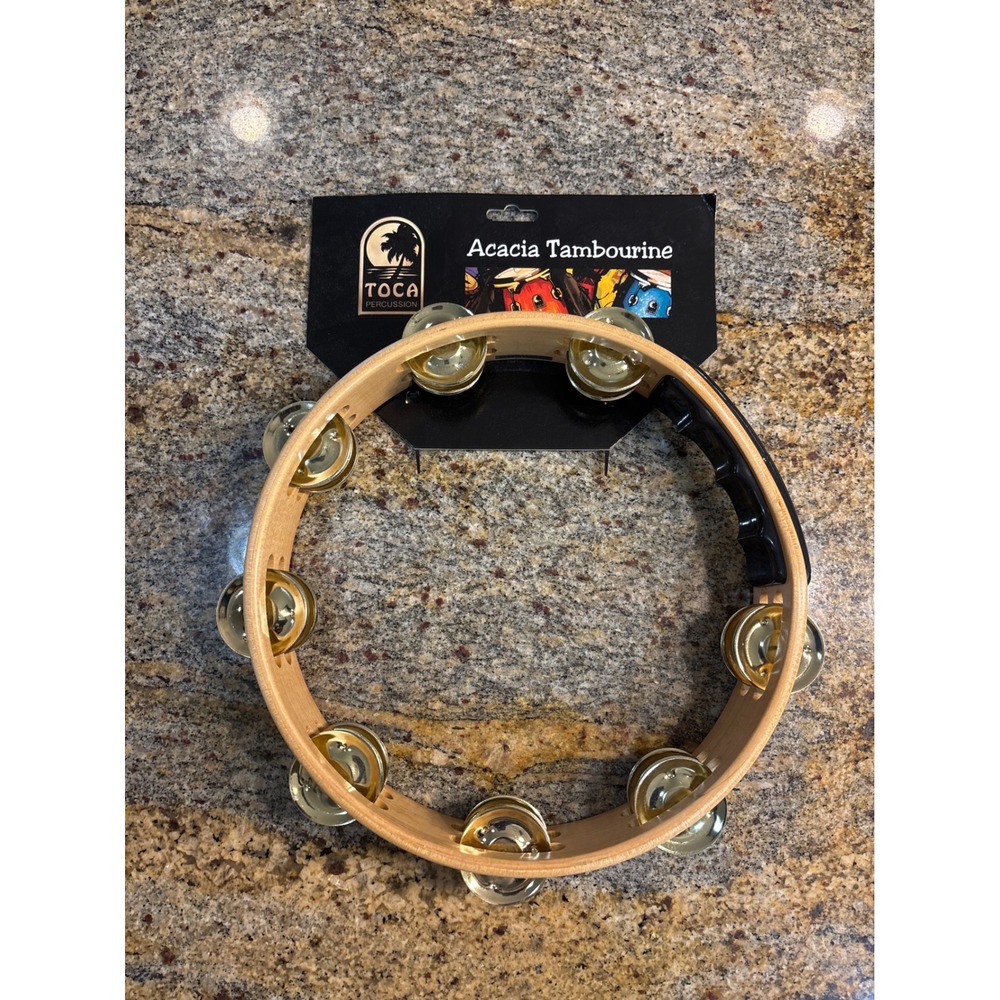 NEW Toca Percussion Acacia Tambourine 10 Inch Brass Jingles T1010-AB Wood Handle